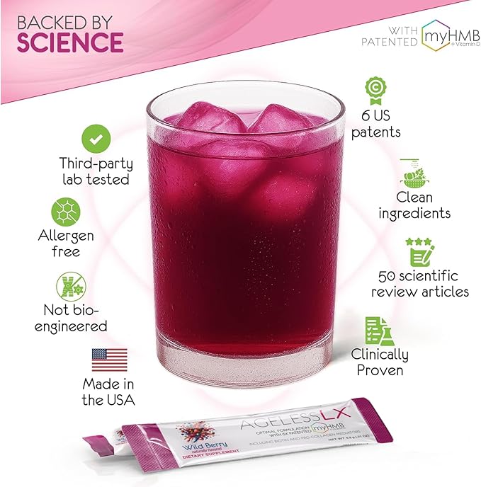AgelessLX Powder Supplement for Women - with HMB Collagen Enhancer Plus Vitamin D3 with K2 Horsetail and Biotin for Lean Muscle and Stronger Hair and Nails - 30 Powder Packets Wild Berry