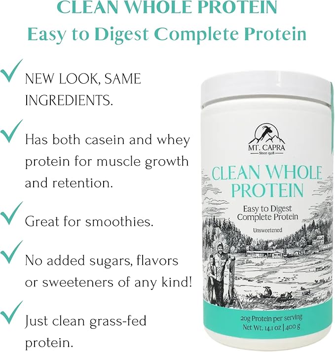 Mt. Capra Clean Whole Protein | Grass-Fed Goat Protein with Whey and Casein Protein | No Bloat Build and Maintain Muscle 20 g Protein per Serving No Sweeteners | 13 Servings - 400 g