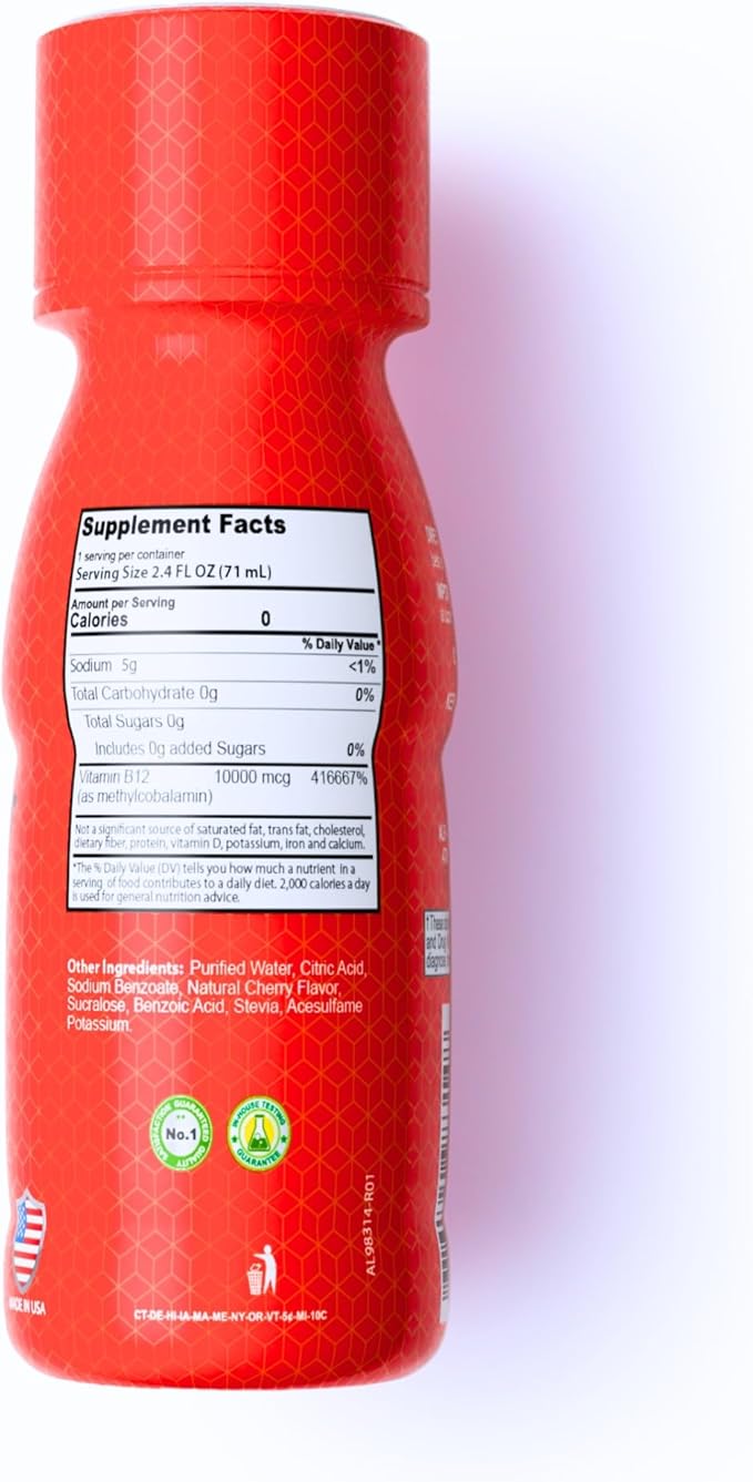 ALFA VITAMINS Vitamin B12 Energy Shot Natural Sugar Free Dietary Supplement Boosts Energy Supports Immune System Cherry Flavored Gluten Free 10000 mcg per Serving 2.0 oz Bottle 80 Pack