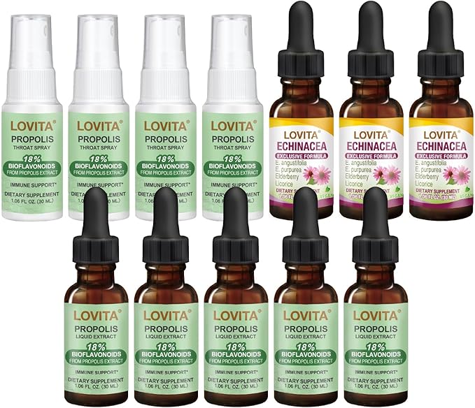 LOVITA 12-Piece Mega Bundle - 5 Propolis Drops 4 Throat Sprays &amp 3 Echinacea Extracts Alcohol-Free Immune System Support (12 Pc)