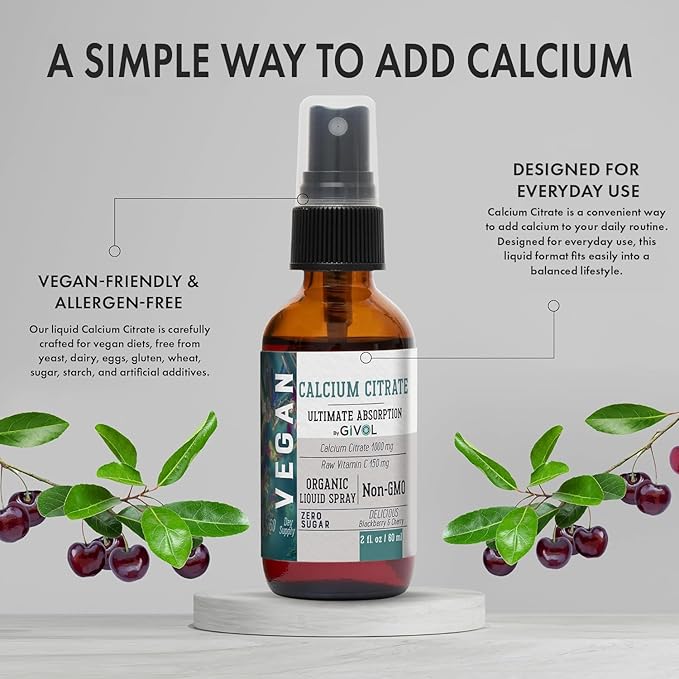Liquid Calcium Citrate 1000mg &amp Raw Vitamin C 150mg Liquid Spray Mist for Optimal Absorption Wild Cherry &amp BlackBerry Flavor Calcium Supplement Non-GMO Gluten Free Sugar-Free 2oz (60ml)