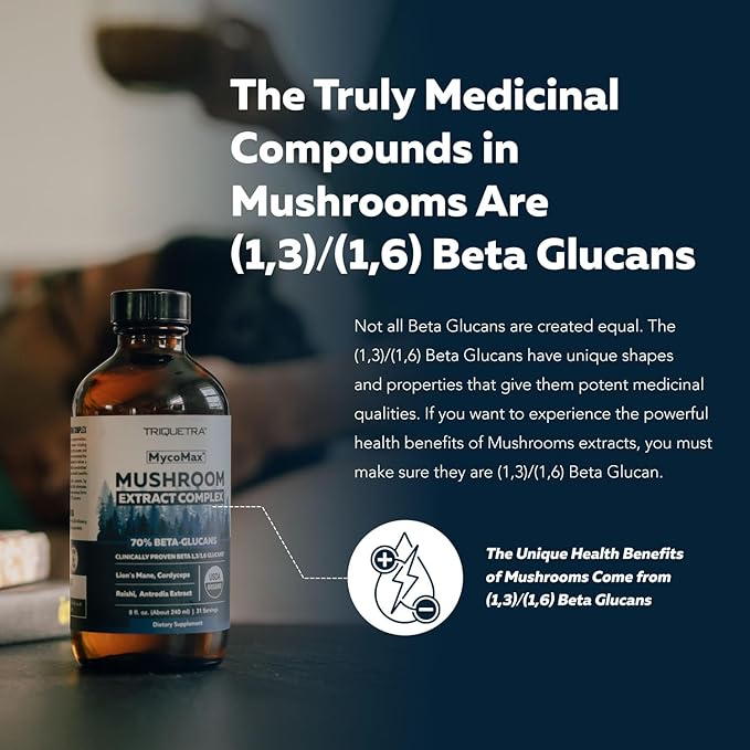 MycoMax Mushroom Complex - 70% Beta Glucans Max Potency Mushroom Supplement US Grown + Ultrasonic Extraction - Lions Mane Cordyceps Reishi &amp More - Promotes Cognition Immunity Energy - 8 oz.