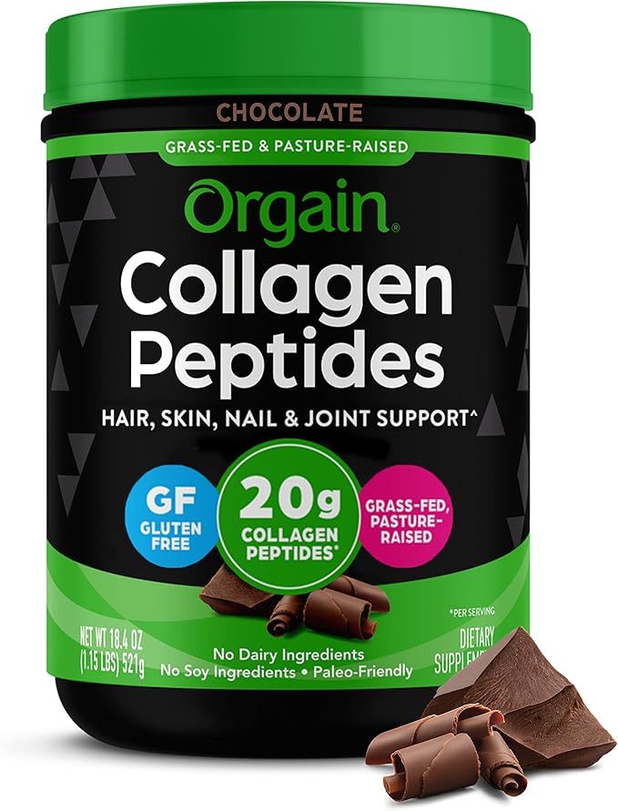 Orgain Hydrolyzed Collagen Peptides Powder For Women &amp Men Chocolate 20g Grass Fed Collagen - Hair Skin Nail &amp Joint Support Supplement Paleo &amp Keto Non-GMO Type I and III 1lb