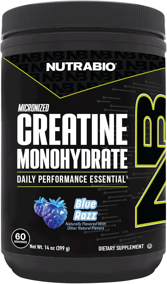 NutraBio Pure Micronized Creatine Monohydrate Powder Supplement Blue Razz (300 g) - Supports Bulk Muscle Energy Recovery and Strength - HPLC Tested Creatine Powder Supplement for Men and Women