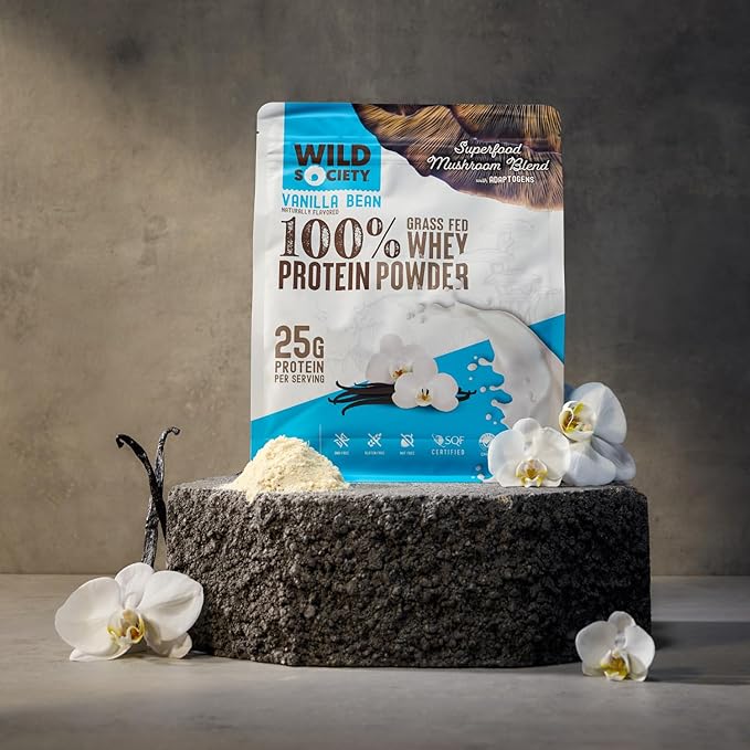 WILD SOCIETY - Premium 100% Grass Fed Whey Protein Powder + Superfood Mushrooms &amp Adaptogens - 25g Protein Clean Protein Powder 0 Added Sugar Non GMO Gluten Free - Vanilla Bean 17.5 oz