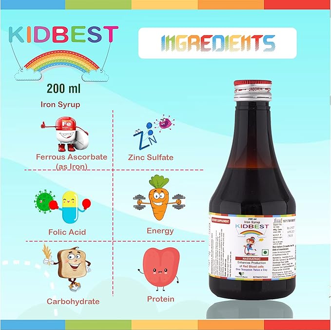 HealthBest Kidbest Iron (Haematinic) Syrup Zinc Folic Acid 200 ML (Pack of 2)
