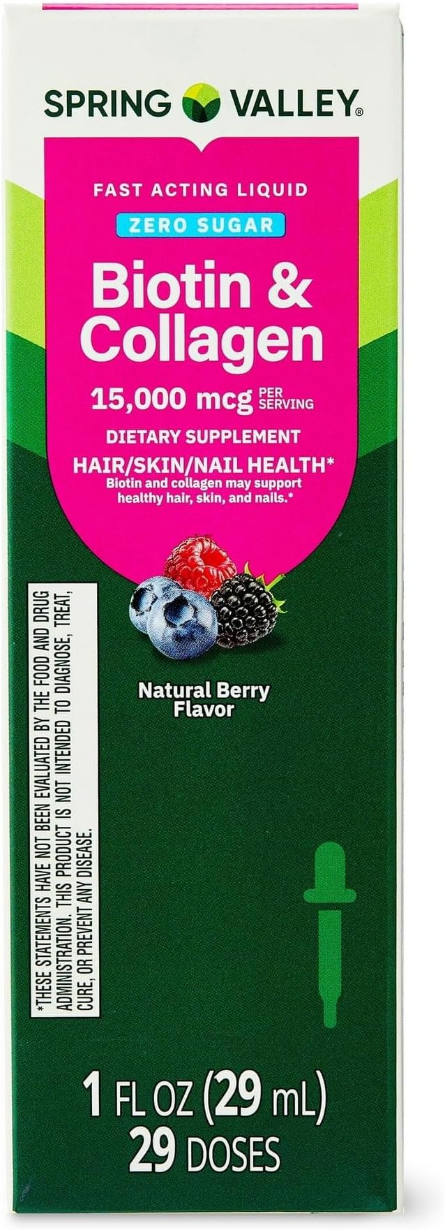 Liquid Biotin and Collagen 15000Mcg Natural Berry Flavor Drops for Hair Skin Nails - Spring Valley 1 fl oz (Pack of 2) - Set by Basket Goods