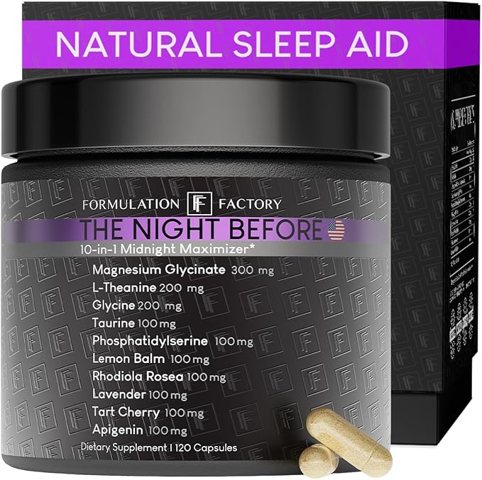 The Night Before 10-in-1 Midnight Maximizer Sleep Aid Stress Relief Cognition Relaxation Recovery Focus Magnesium Glycinate L-Theanine &amp More (120 Capsules – 2 Month Supply)