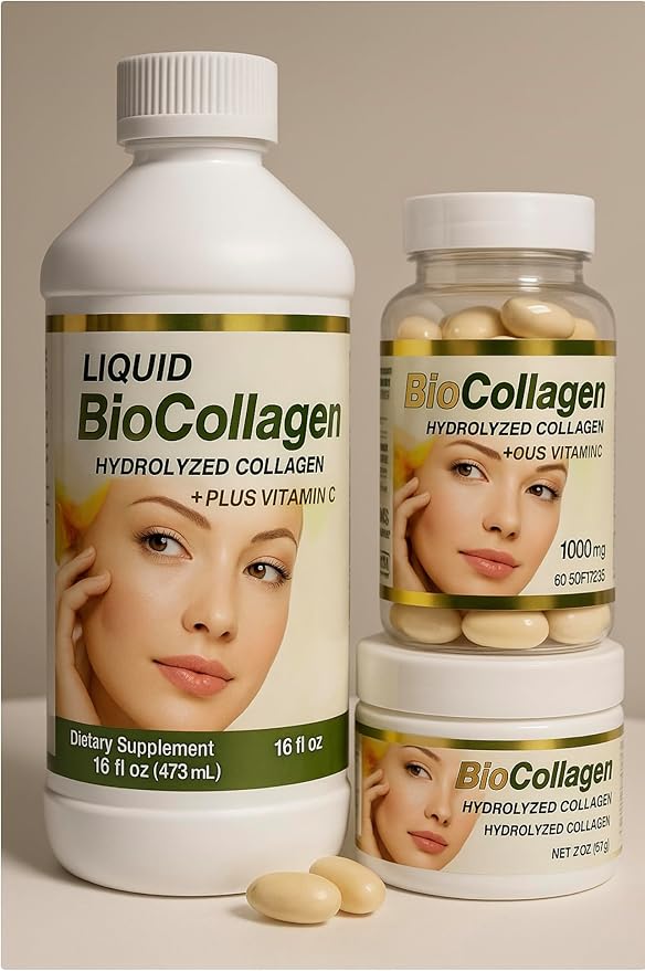 BioCollagen 3-Piece Set – Liquid Collagen Supplement 16 oz 1000 mg Softgels (60 Count) &amp 2 oz Topical Cream – with Vitamin C and Antioxidants for Skin Hair &amp Nail Support