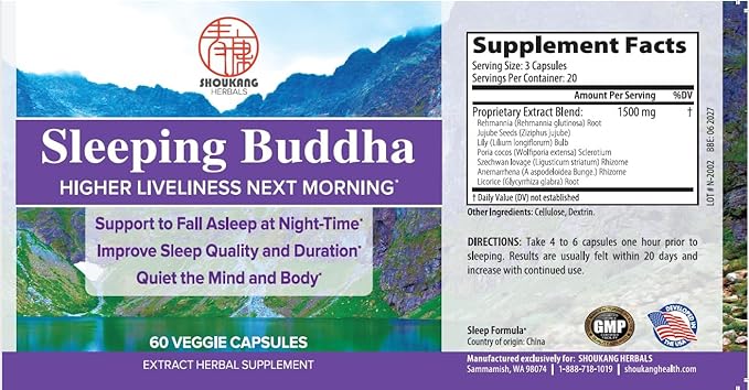 Herbal Chinese Medicine Supplements for Sleep Quality and Duration Sleeping Buddha HERBALS Quiet The Mind and Body 60 Capsules