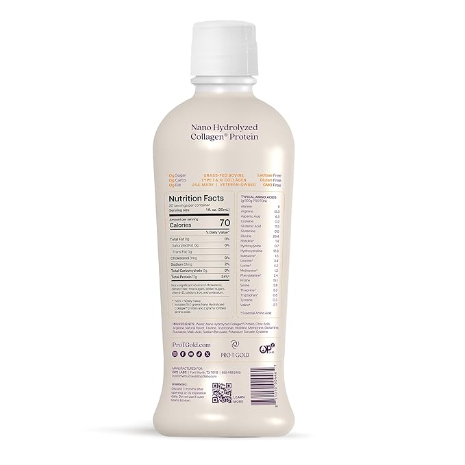 ProT Gold Liquid Collagen Protein Shot 17g Clear Protein Nano-Hydrolyzed Grass Fed Collagen 2g Arginine for Wound Support Gluten Free Sugar Free 0g Carbs Non GMO Orange Creme 30 fl oz Bottle