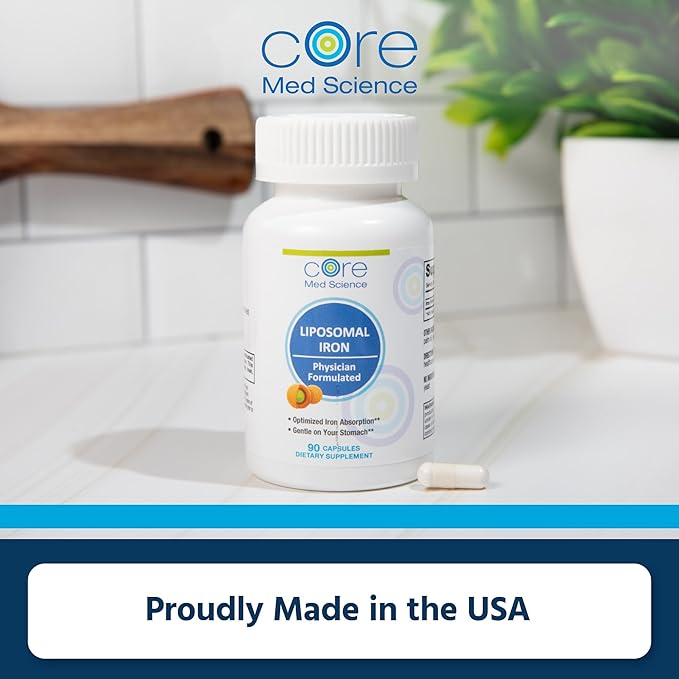 Core Med Science Liposomal Iron Supplement for Women &amp Men 65mg (90 Capsules) - Iron Absorption Vitamin Pills for Deficiency During Pregnancy - Easy to Swallow &amp Gentle on Stomach - Dairy-Fre