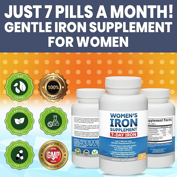Women’s Iron Supplement Pills for Women Bis-Glycinate 80mg 7 Iron Pills for 30 Days’ Worth of No Stomach Binding Vegan Alkaline VIT C Iron Pill for Women 30 Capsules 3-Pack