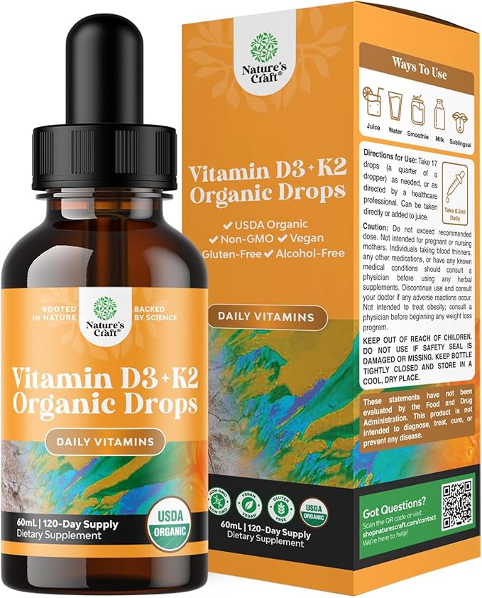 Natures Craft Liquid Vitamin D3 with K2 for Adults - Organic Drops 2000IU per Serving Vegan Bone Muscle Heart &amp Immune Support MCT Oil Enhanced Absorption - 2Fl Oz (Pack of 1)
