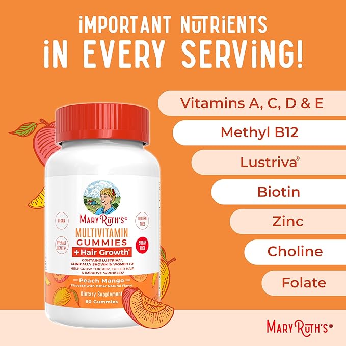 MaryRuth's Multivitamin + Hair Growth Gummies | with Lustriva® | Biotin 10000mcg | B Vitamins | Formulated for Thicker Hair Wrinkles Fine Lines Skin Care | Ages 18+ | 30 Servings (Pack of 2)