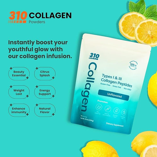 310 Nutrition Hydrolyzed Collagen Peptides Powder for Women &amp Men - Grass-Fed Collagen Supplement w/Hyaluronic Acid Resveratrol Vitamin CD &amp E for Skin Hair and Nails - 30 SRV Unflavored