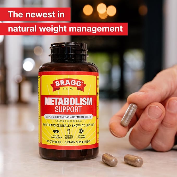 Bragg Metabolism Support Apple Cider Vinegar Capsules with Botanical Blend - 90 Capsules - Increased GLP-1 Support for Weight Management Appetite Control and Fullness
