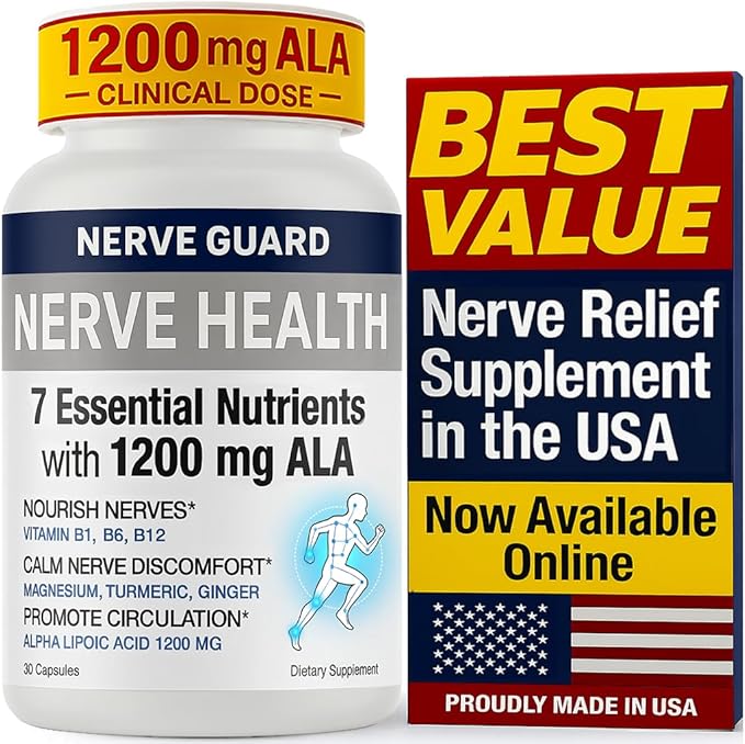 Nerve Health with 1200 mg Alpha Lipoic Acid – 7 Essential Nutrients to Support Feet Hands Toes – 1200mg ALA Vitamins B12 B6 &amp B1 Magnesium Turmeric – 30 Capsules