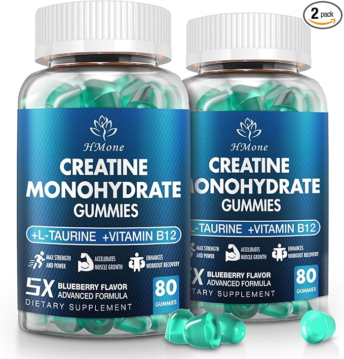 Creatine Monohydrate Gummies - 5g for Men &amp Women 160 Count and Creatine Chewable Supplements for Muscle Gain Muscle Strength Energy Boost and Muscle Builder Sugar Free Vegan (Blueberry)