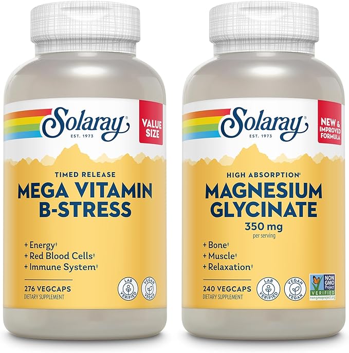 SOLARAY Mega Vitamin B Stress and Magnesium Glycinate 350mg Bundle - Timed Release Vitamin B Complex w/VIT C Chelated Magnesium Bisglycinate - Energy Relaxation and Immune Support Vegan 276/240ct