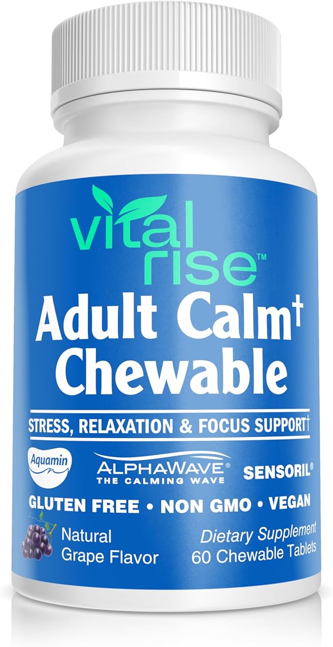 Adult Calm Magnesium Chewables – Magnesium Ashwagandha &amp L-Theanine Supplement for Stress Mood &amp Relaxation High Absorption Non-GMO Grape Flavor (60 Chewables)