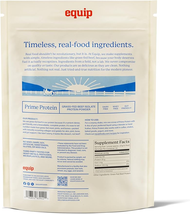 Equip Foods Prime Protein Powder | Clean Grass Fed Beef Protein Powder | Carnivore Protein Isolate | Paleo Keto Friendly | Gluten &amp Dairy Free | Helps Build &amp Repair Tissue | 30 Servings Un