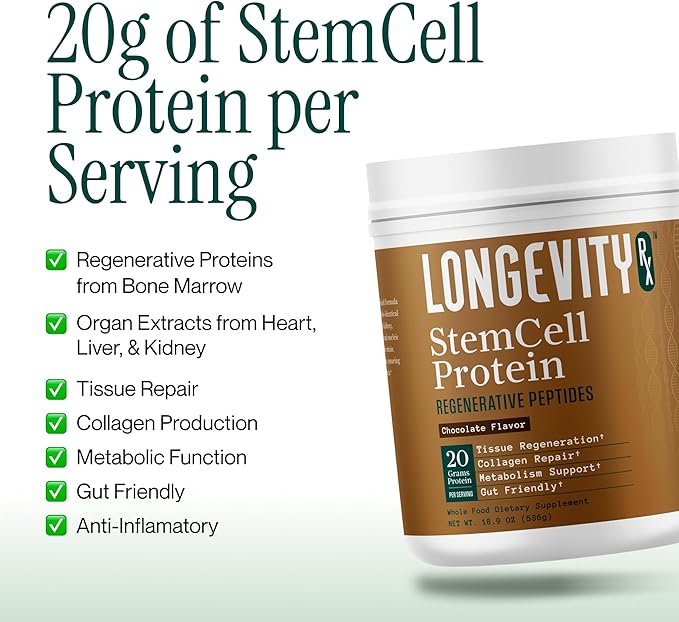 Stem Cell Protein Powder Chocolate – Bone Marrow &amp Bone Broth Protein Bacillus Subtilis AB-22 Natural Peptides – Cellular Recovery – 30 Servings