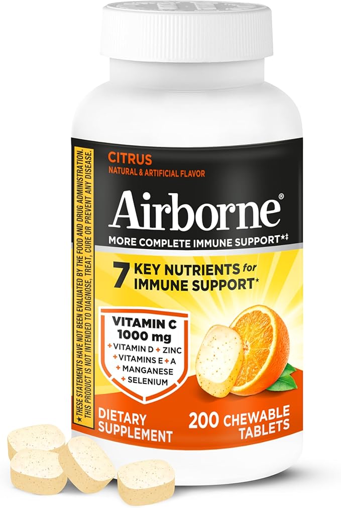 Airborne Citrus Chewable Tablets 200ct | Immune Support Supplement with 1000mg Vitamin C + Vitamins A D E ZincSelenium &amp Manganese | Herbal Blend | Gluten Free