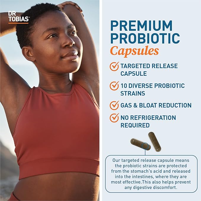 Dr. Tobias Probiotics 30 Billion 10 Strains 30 Billion CFU's Targeted Release Probiotics for Women &amp Men Supports Digestive Health Shelf-Stable Non-GMO 90 Capsules 90 Servings