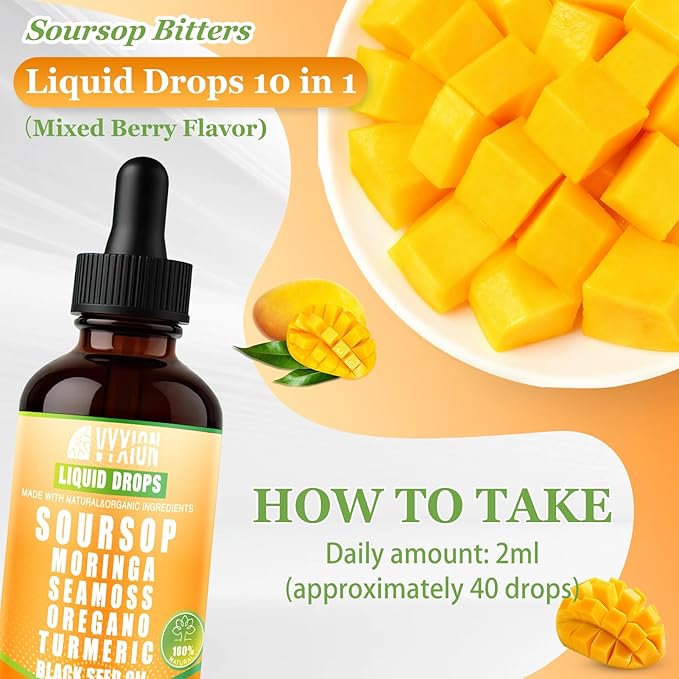 Soursop Bitters Liquid Drops 10 in 1 with Sea Moss Moringa Turmeric Black Seed Oil Oregano Ashwagandha | Herbal Extracts for Overall Health-Enhancing | Vegan Non-GMO | 2 Fl Oz(Mango flavor)