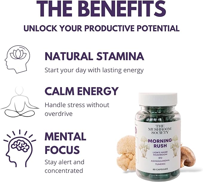 Morning Rush - Lion’s Mane Ashwagandha Turmeric &amp B12 Extract Blend - Mushroom Supplement for Focus &amp Energy Support - 120 Vegan Capsules