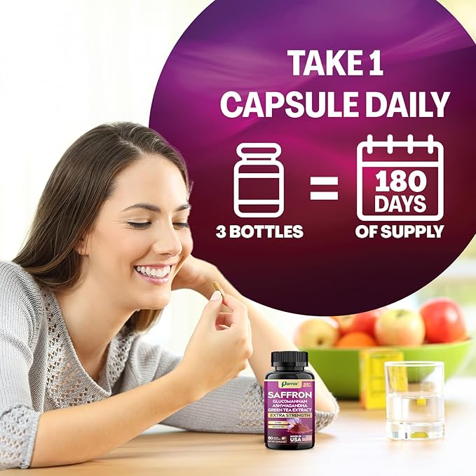 Saffron Supplement with Glucomannan Ashwagandha Green Tea Extract Zeaxanthin &amp Lutein Vision Support &amp Daily Wellness Formula Extra Strength Plant-Based Capsules 6 Month Supply (3 Pack)