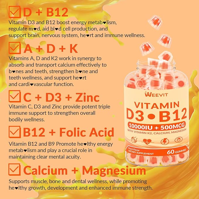 Vitamin D3 B12 Gummies Vitamin D and B12 Gummy Suppment with Vitamin A C K Calcium Magnesium Zinc for Women &amp Men