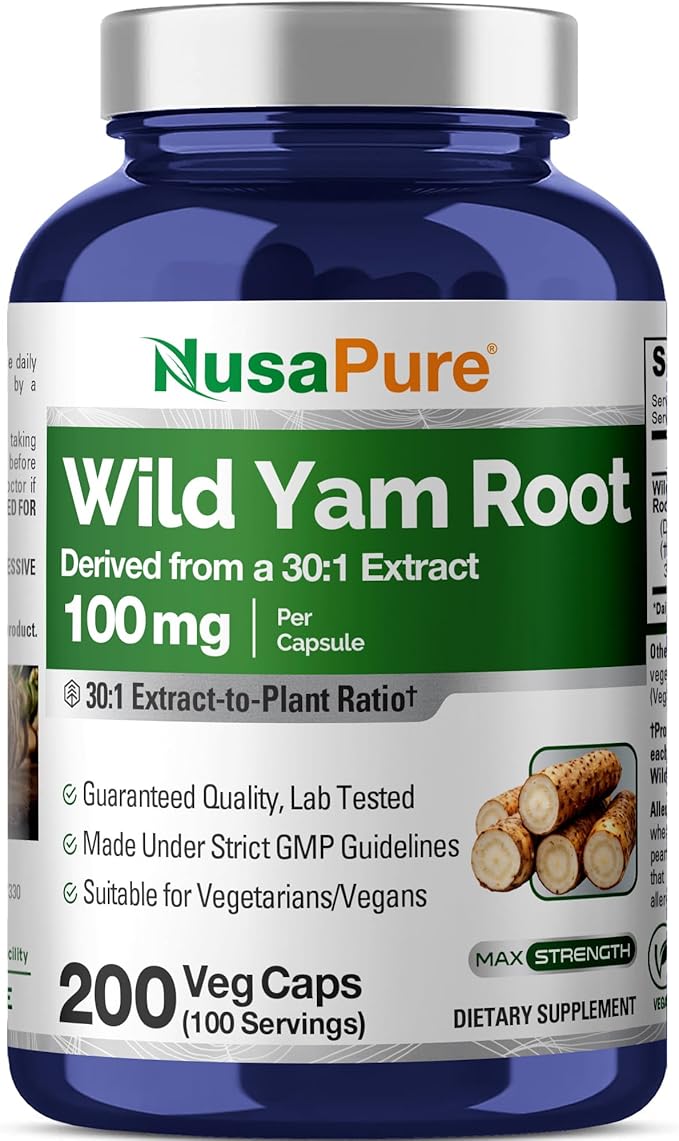 NusaPure Wild Yam Root Capsules 100 mg 200 Veg Capsules (Non-GMO Vegan)