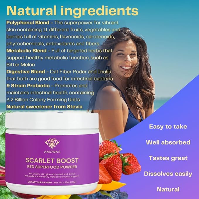 Scarlet Boost Red Superfood Powder - All Natural Red Greens Superfood Powder and Smoothie Mix: Greens Powder with Digestive Blend &amp 9 Strain Probiotics - 30 Servings