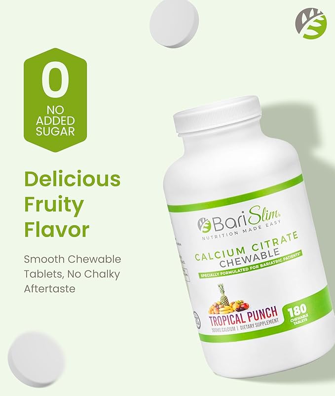 BariSlim Bariatric Calcium Citrate with Magnesium &amp Vitamin D Tabs - 500mg Calcium Citrate - Formulated for Post Weight Loss Surgery - Supports Bone Health | Tropical Punch | 180 Tablets