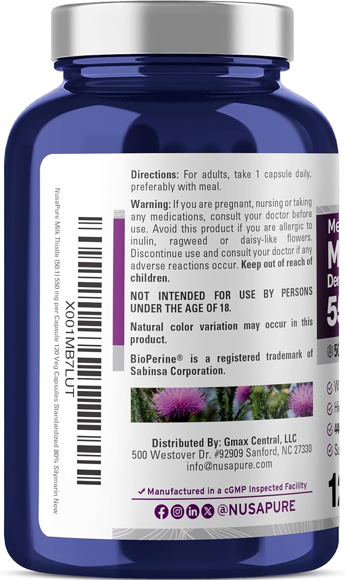 NusaPure Milk Thistle Capsules 550 mg 120 Veg Capsules (Non-GMO Vegan)
