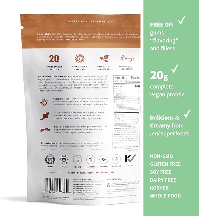 Sprout Living Epic Protein Bundle - Original Chocolate Maca &amp Vanilla Lucuma (20-26g Organic Plant-Based Protein Powder Vegan Superfoods) | 1lb 12 Servings