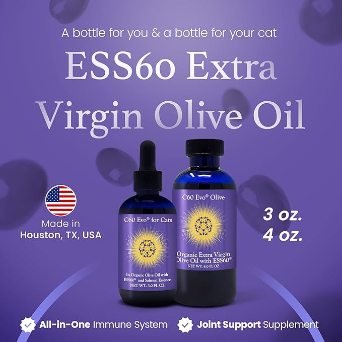 C60 Evo Cat Lover Set 2 Bottles of Pure ESS60 in Extra Virgin Olive Oil 1 for Humans and 1 for Felines Cat Supplements Infused with Natural Salmon Essence Must-Have Pet Supplies and Cat Products