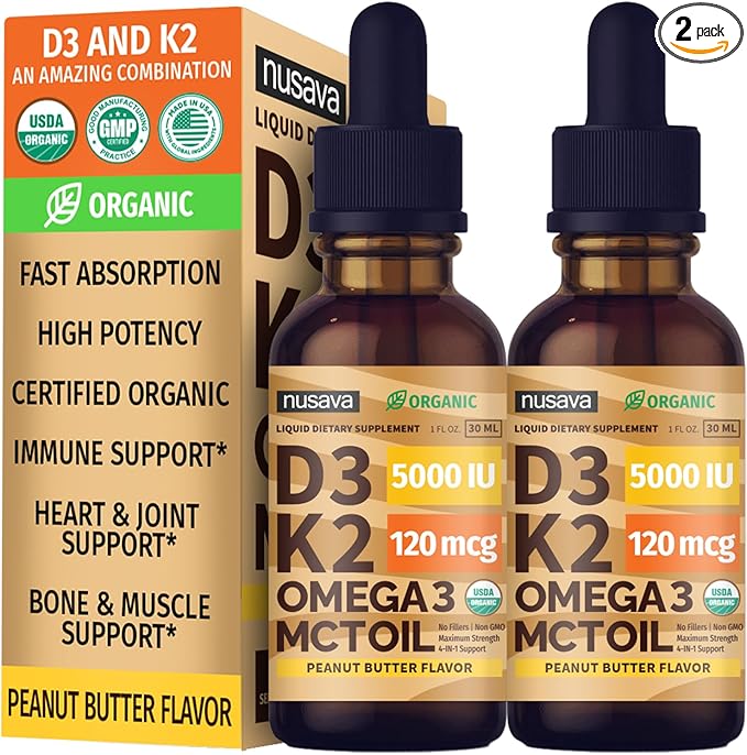 (2 Pack) Organic Vitamin D3 K2 Drops with MCT Oil Omega 3 5000 IU Maximum Strength Vitamin D Liquid No Fillers Non-GMO Liquid D3 for Faster Absorption Immune Support (Peanut Butter 2 Fl Oz)
