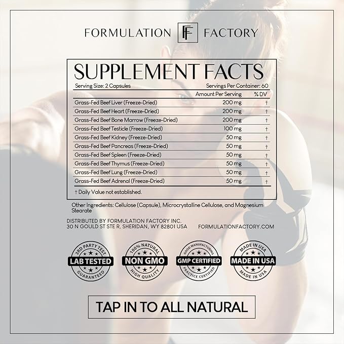 Formulation Factory Beef Liver Capsules - 10-in-1 Primal Powder Beef Organ Supplement for Men &amp Women with Bone Marrow &amp Beef Testicle - Grass Fed Ancestral Health - 120 Capsules 2 Month Supp