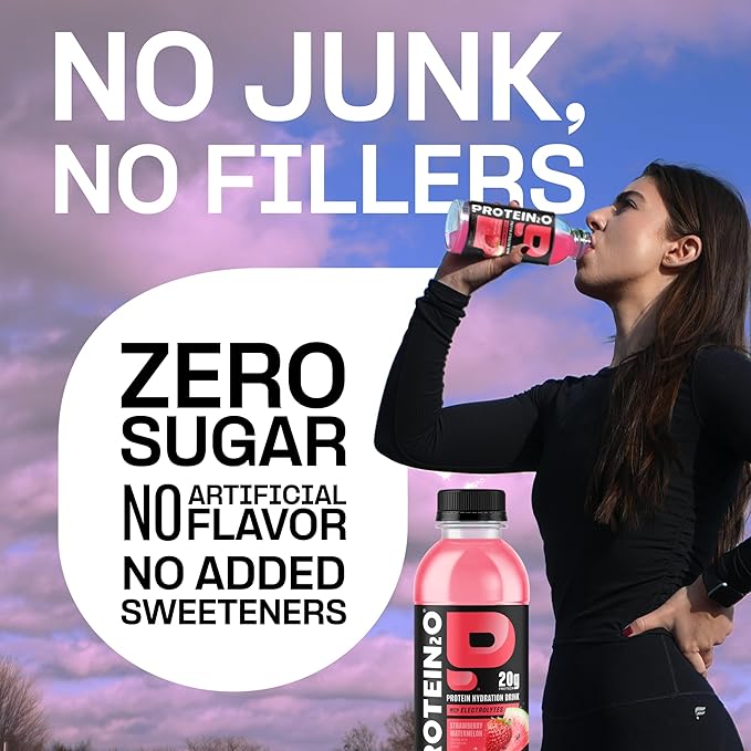 Protein2o Hydration Drink - 2-in-1 Liquid Clear Whey Protein Isolate and Electrolyte Drink - 20g Protein Vitamins B5 B6 - Post-Workout Recovery - 16.9 Fl Oz - 12 Count Strawberry Watermelon