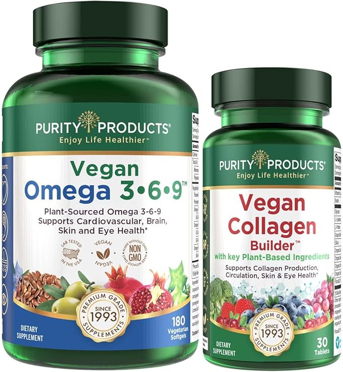 Purity Products Bundle - Vegan Omega 3-6-9 (180 ct)+ Vegan Collagen Builder Omega 3-6-9 (“5 in 1” Plant-Based Omega Essential Fatty Acid) - Vegan Collagen Builder (w/Key Plant-Based Ingredients)