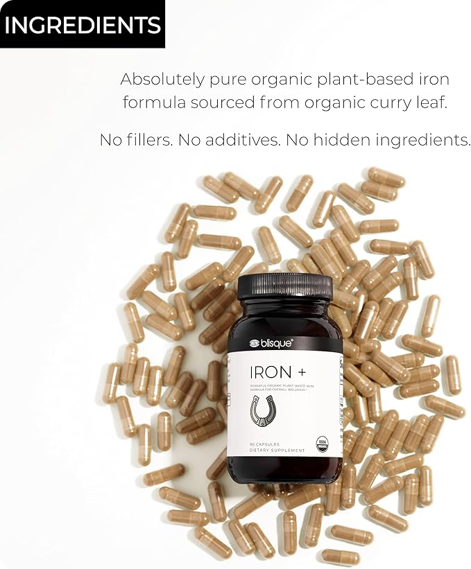 Blisque - Organic Plant-Based Iron Formula for Blood Health Immune Support and Energy | from Organic Curry Leaf Extract | 90 Capsules