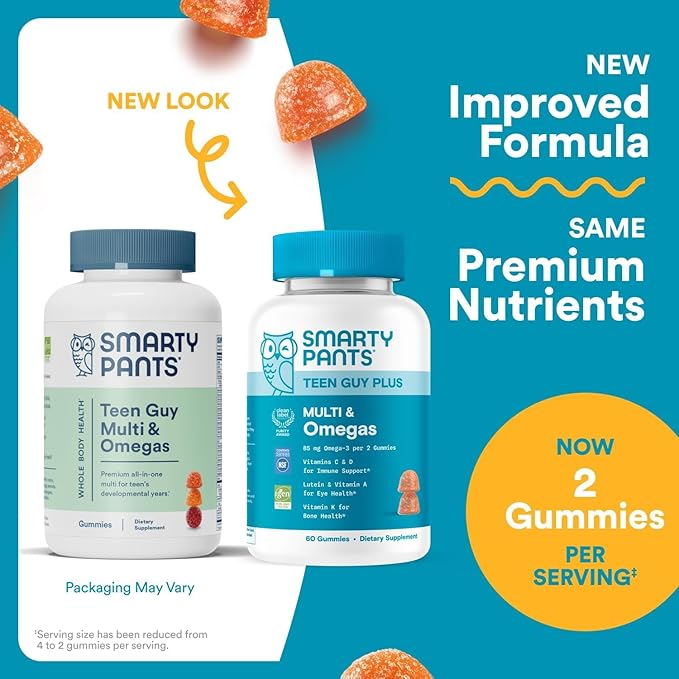 SmartyPants Teen Guy Multivitamin Gummies Omega 3 (DHA/EPA) Vitamin D3 C Vitamin B12 B6 A K &amp Zinc Folate Gluten Free Fruit Flavor 60 Count (30 Day Supply)