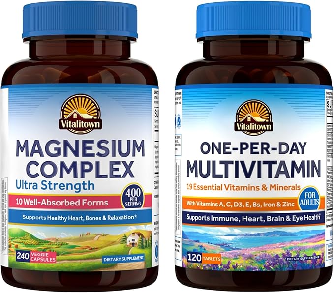 Vitalitown Magnesium Complex &amp Daily Multivitamin Bundle (Pack of 2) | Magnesium 400mg (Item 1) &amp Multivitamin with Iron Zinc (Item 2)