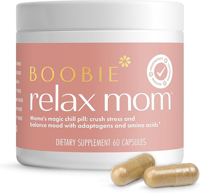 Boobie Relax Mom Postpartum Stress Support Supplement | Breastfeeding Friendly Approved | Postnatal Mood and Energy Support for Women with Ashwagandha &amp L-Theanine 60 Capsules