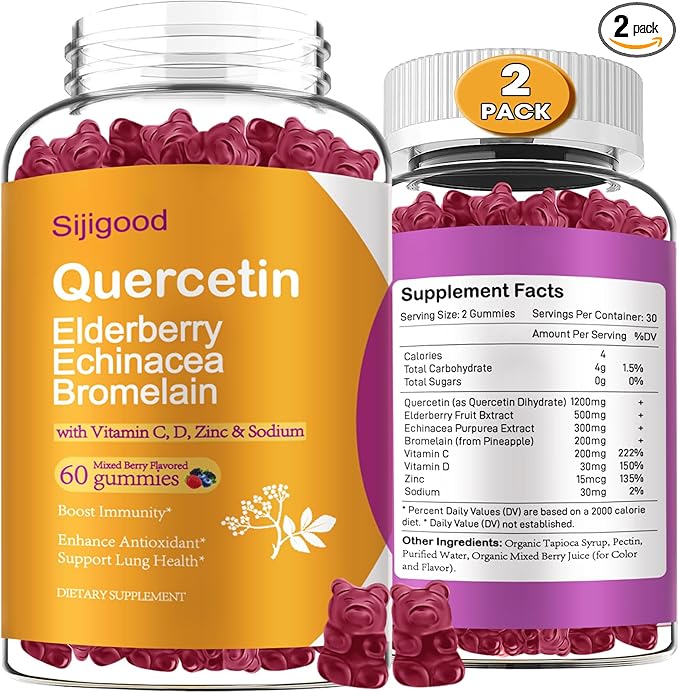 2 Packs Quercetin with Bromelain Gummies Elderberry Echinacea Vitamin C D Zinc - Immune System Support 120 Counts Pure Quercetin Supplements Gummies for Kids &amp Adults