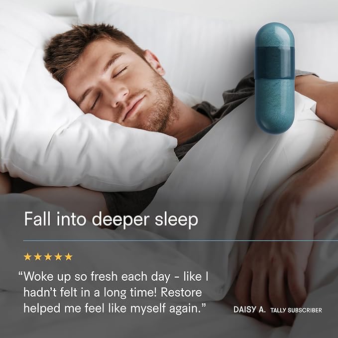 Tally Health Restore – Nighttime Sleep Formula with Magnesium Bisglycinate L-Theanine &amp Apigenin | Melatonin-Free Vegan Non-GMO | Promotes Relaxation &amp Restful Sleep | 90 Capsules