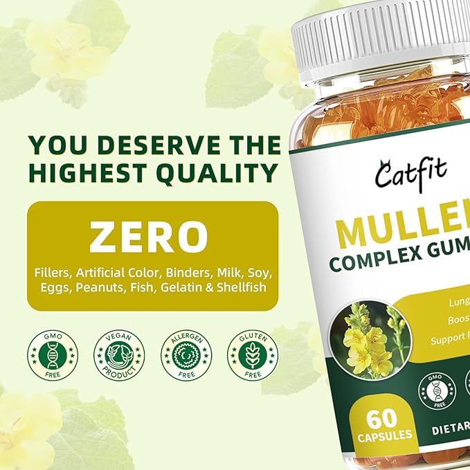 Catfit (120 pcs) Mullein Gummies for Lungs Detox &ampLymphatic DrainageMullein Leaf ExtractQuercetin&ampElderberry for Respiratory &amp Immune SupportVegan Pineapple Flavor (2 Pack)